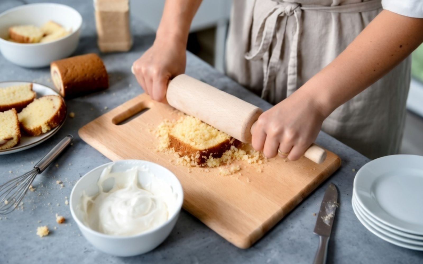Nghiền vụn cốt bánh bông lan và trộn cùng cream cheese để tạo hỗn hợp ẩm mịn