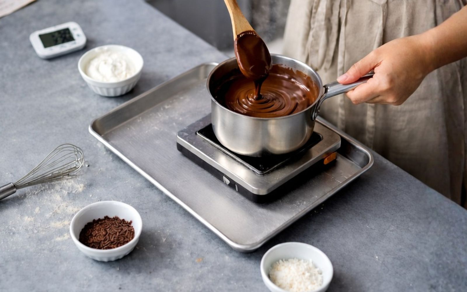 Chocolate được đun chảy mịn, tạo lớp phủ bóng đẹp cho bánh Cake Pop