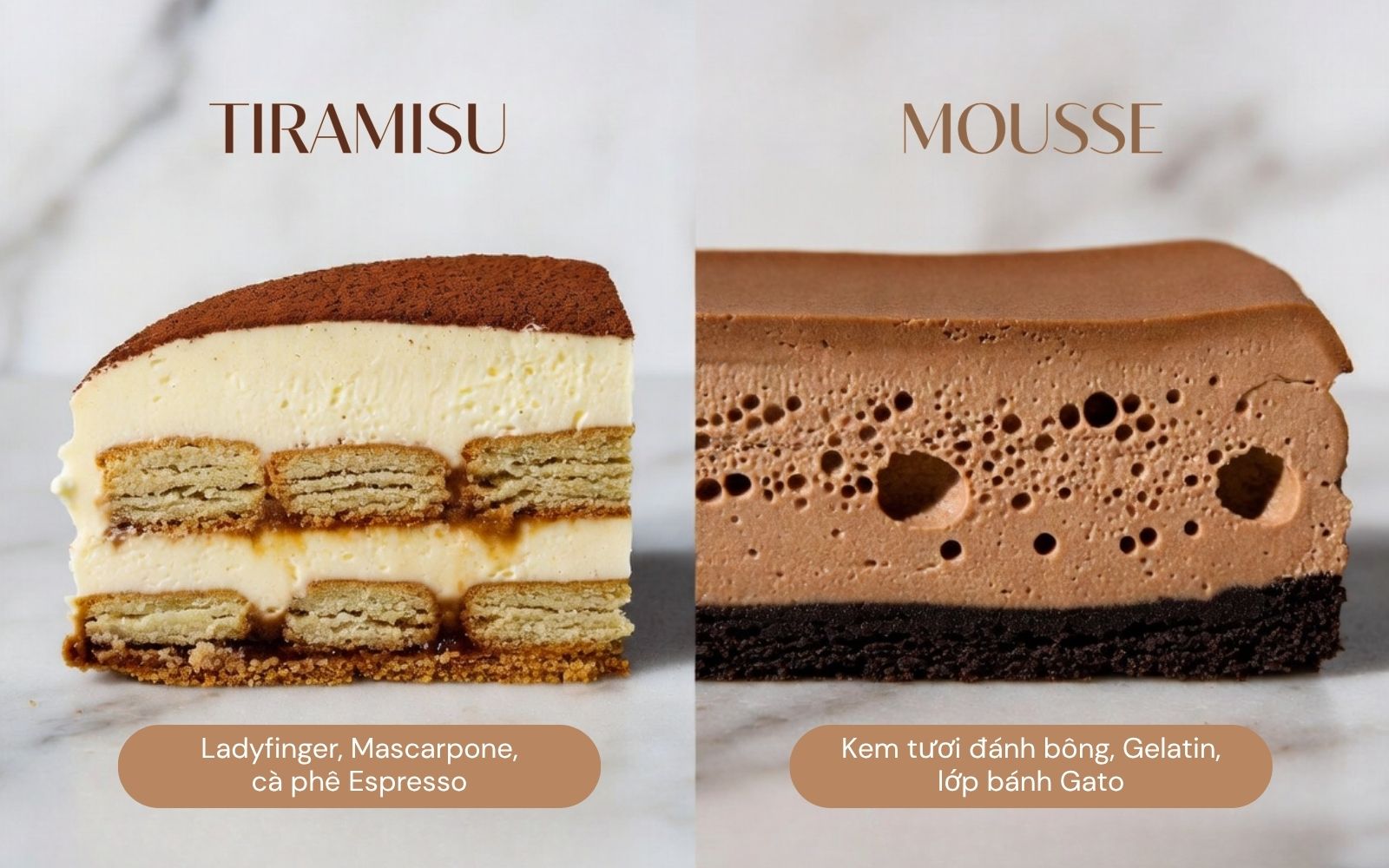 Sự khác biệt giữa bánh Mousse và Tiramisu được thể hiện rõ qua thành phần nguyên liệu