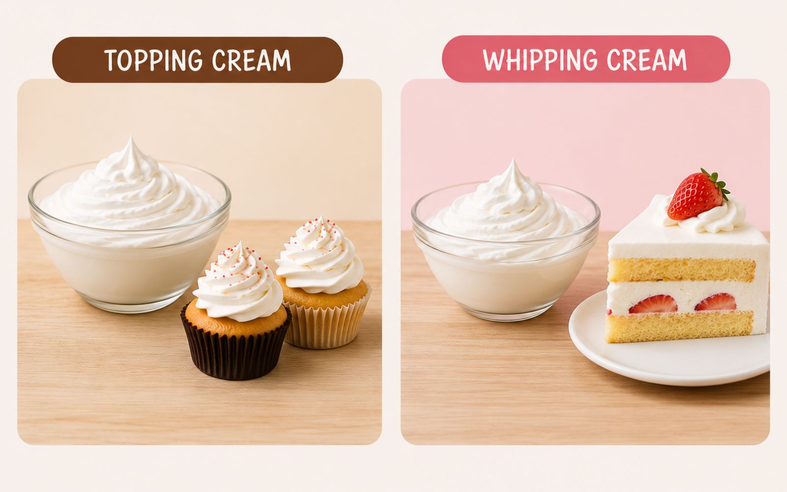 Cả Whipping Cream và Topping Cream đều có thể linh hoạt sử dụng trong pha chế, làm bánh và nấu ăn chuyên nghiệp