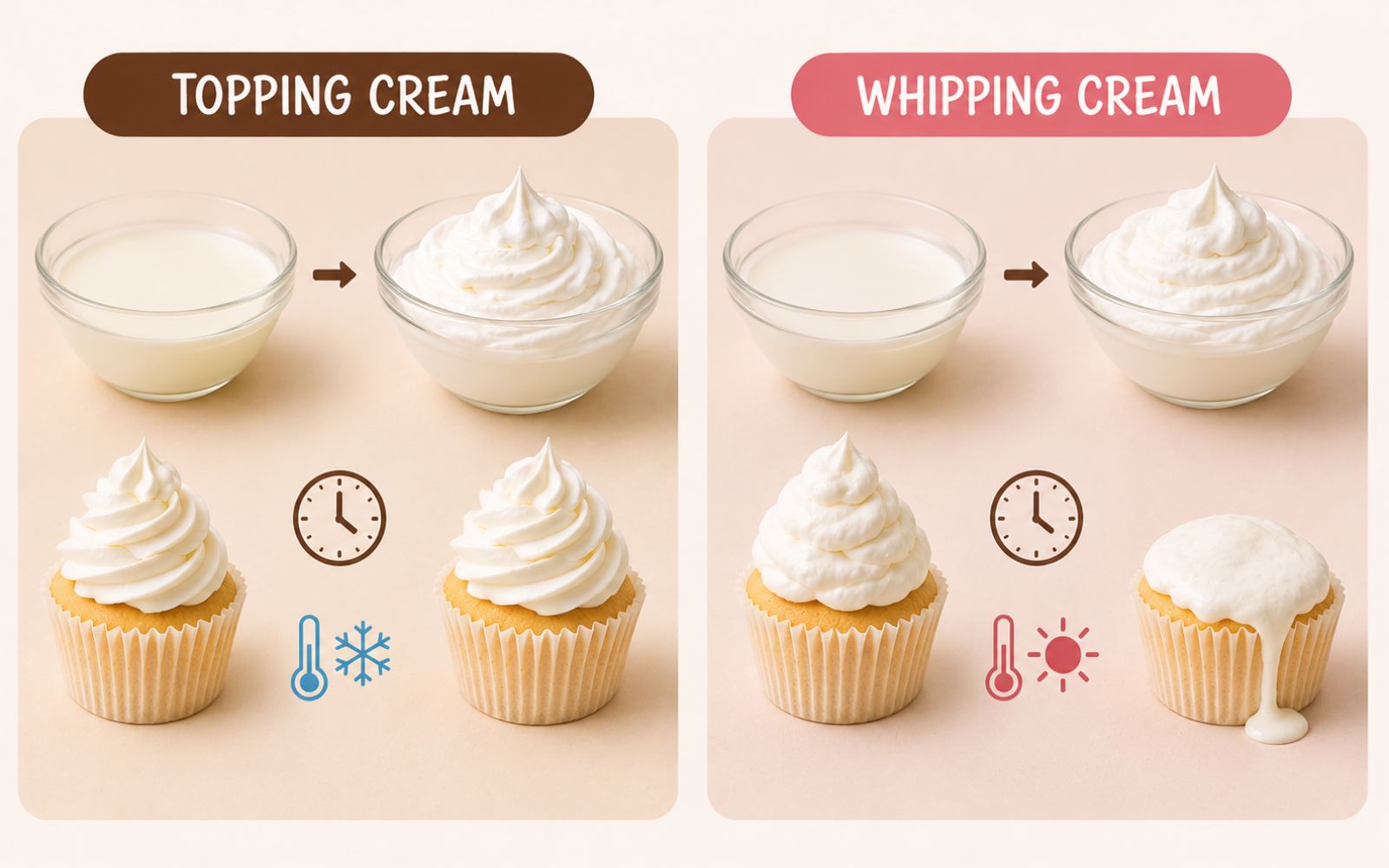 Whipping Cream mềm mịn, tan nhanh trong miệng, trong khi Topping Cream giữ form ổn định trong thời gian dài