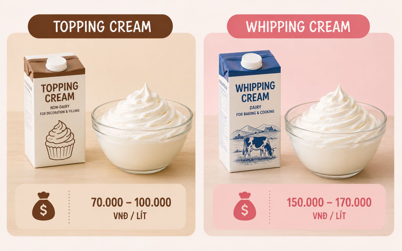 So với Whipping Cream, Topping Cream có mức giá dễ tiếp cận hơn nhưng vẫn đáp ứng tốt nhu cầu làm bánh