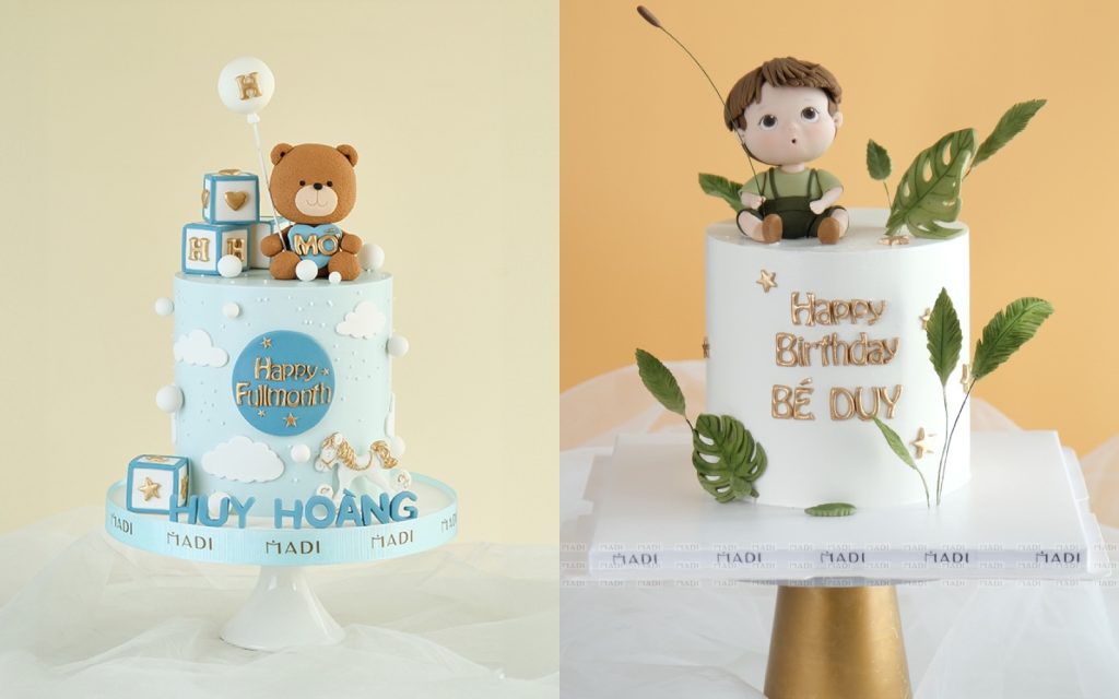 Hai mẫu bánh kem đầy tháng cho bé trai chủ đề gấu bông và thú cưng tại MaDi