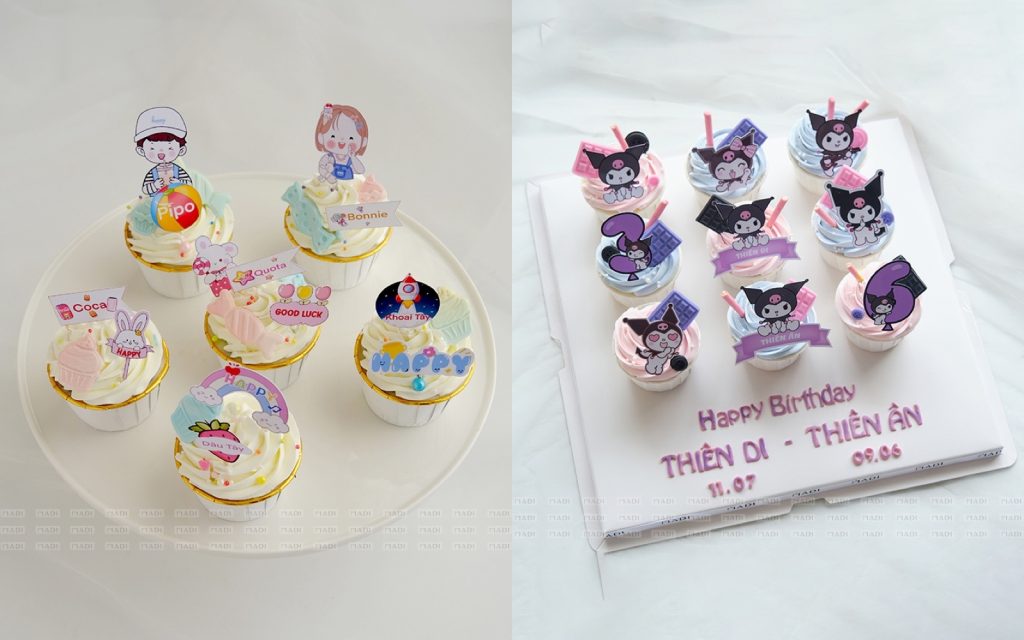 Set cupcake cho tiệc đầy tháng em bé tại nhà, khách tự lấy từng phần không cần cắt bánh