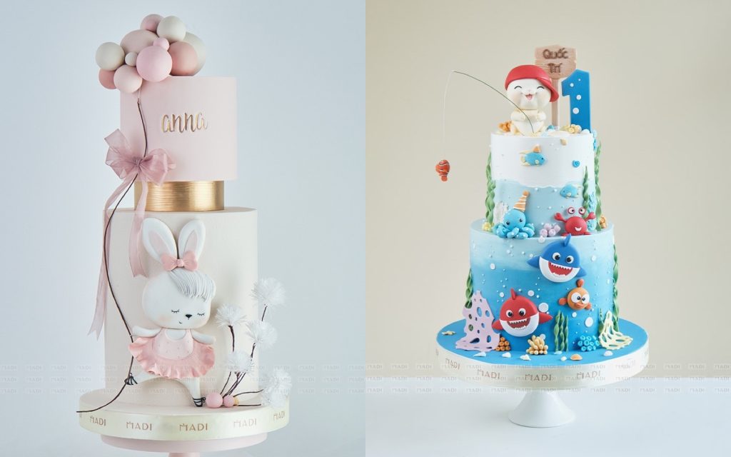 Bánh kem đầy tháng bé hai tầng khổ lớn dành cho tiệc trên 30 khách tại Tiệm Bánh MaDi