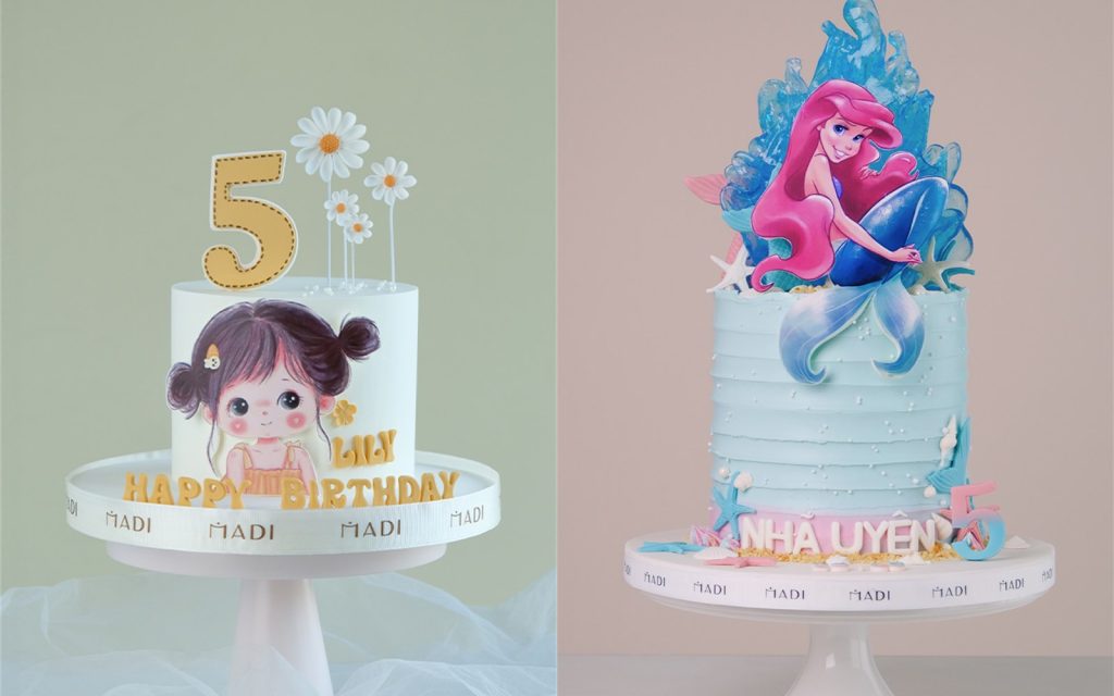 Bánh kem cho bé gái tông tối giản và tông biển pastel khổ 16 cm