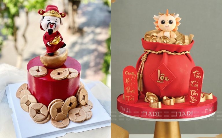 Bánh khai trương tông đỏ vàng tạo hình Thần Tài và túi lộc tại MaDi