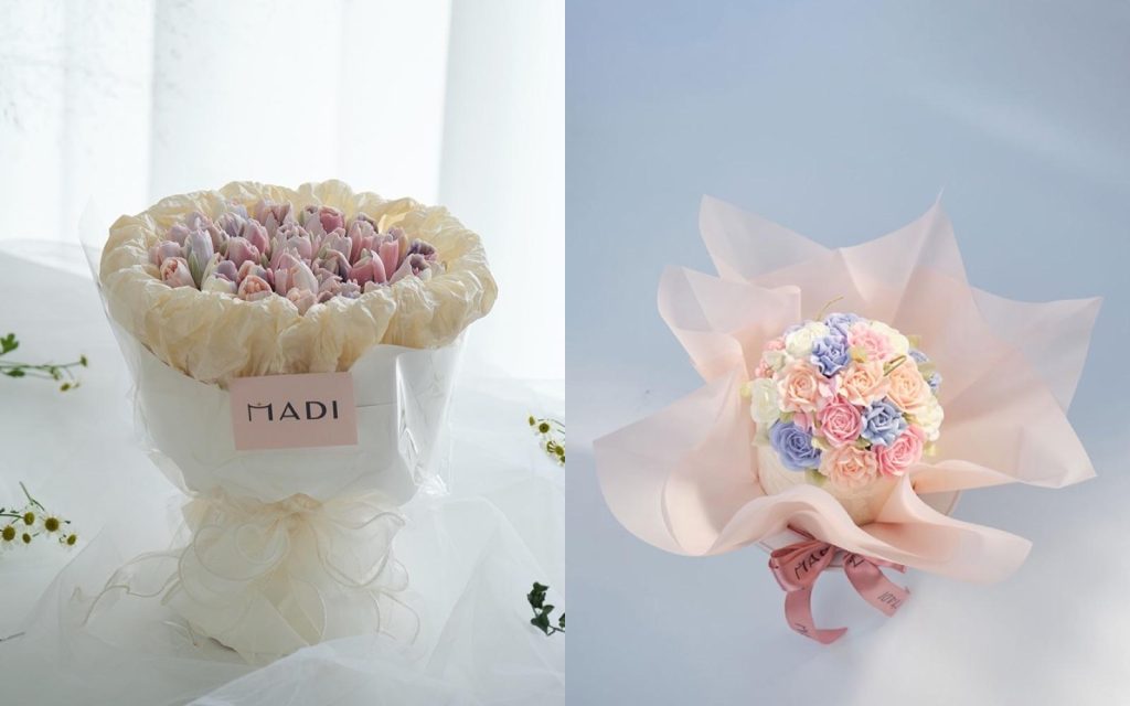 Quà 20/10 cho mẹ dạng bó hoa kem bơ tông pastel size 14 cm tại MaDi