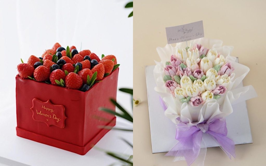 Quà 20/10 cho vợ gồm hộp bánh trái cây và bó hoa kem bơ tulip tại MaDi