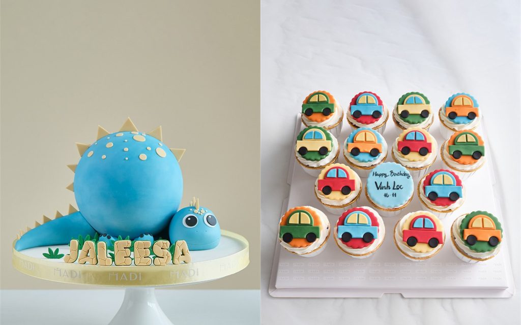 Mẫu pinata khủng long và set cupcake tạo hình xe chia sẵn từng phần