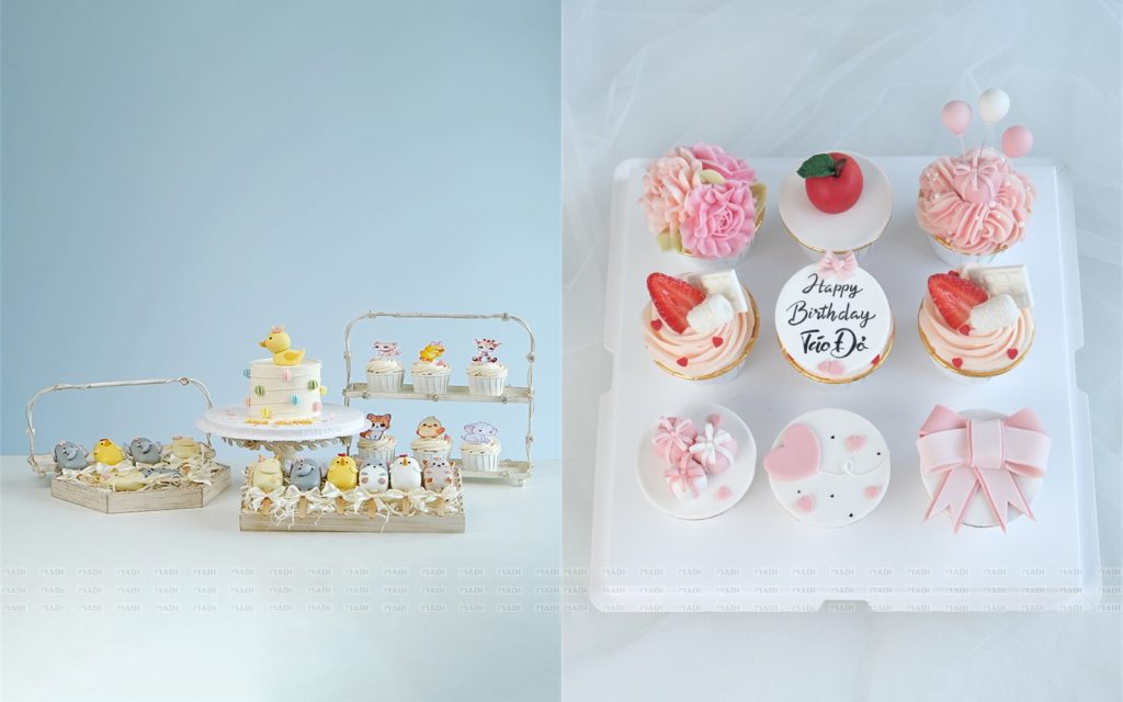 Set cupcake và cakepop bày cùng bánh chính trong một bàn tiệc