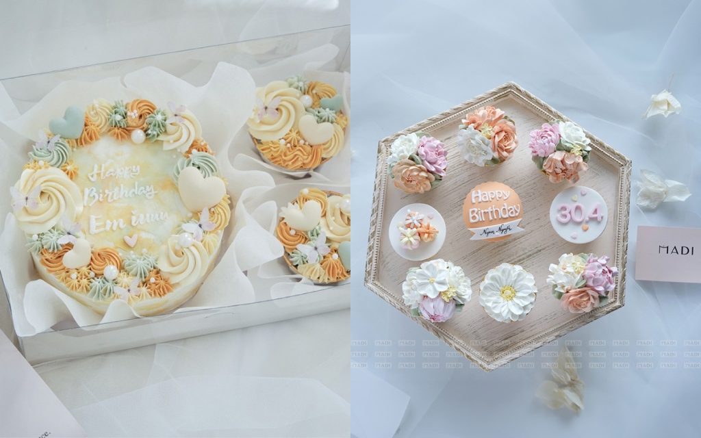 Bánh kem và cupcake hoa kem bơ bắt tay thủ công, nhìn rõ độ đều từng cánh hoa