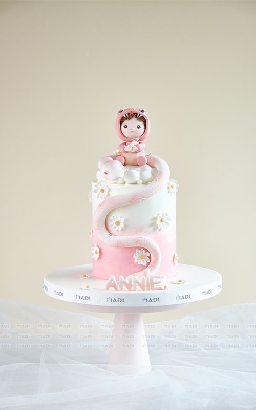 Bánh kem thôi nôi bé tuổi Rắn tạo hình bé rắn và hoa size 14cm tại MaDi