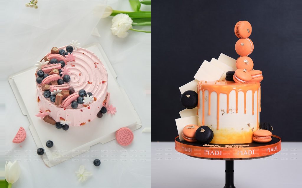 Bánh kem tươi phủ trái cây và macaron, loại bánh cần giữ lạnh