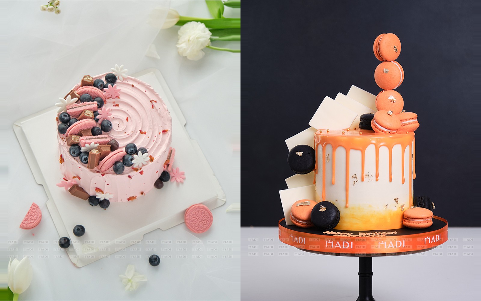 Bánh kem tươi phủ trái cây và macaron, loại bánh cần giữ lạnh
