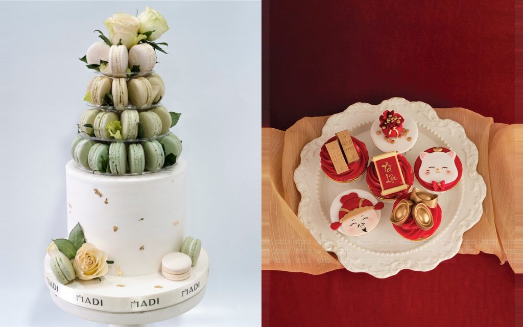 Tháp macaron và set cupcake làm phần quà nhỏ trong kịch bản tiệc tất niên