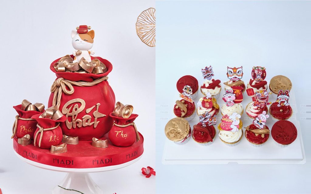 Bánh túi lộc và set cupcake sắc xuân cho kịch bản tiệc tất niên